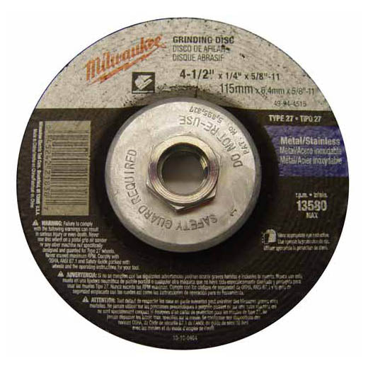 Milwaukee 49-94-4515 4-1/2" x 1/4" x 5/8-11" Grinding Wheel (Type 27)