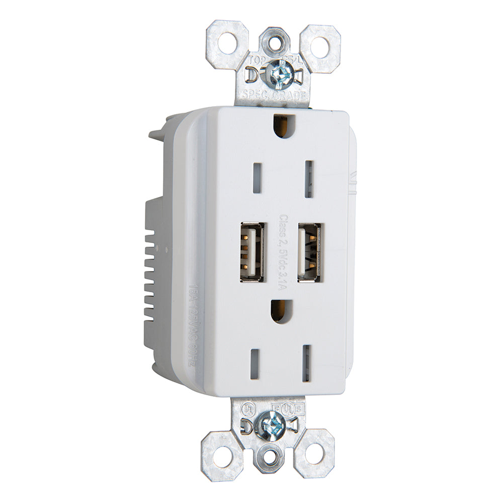 Pass & Seymour TR-5262USBW 15 Amp 125 VAC NEMA 5-15R White Decorator Duplex USB Charger Receptacle