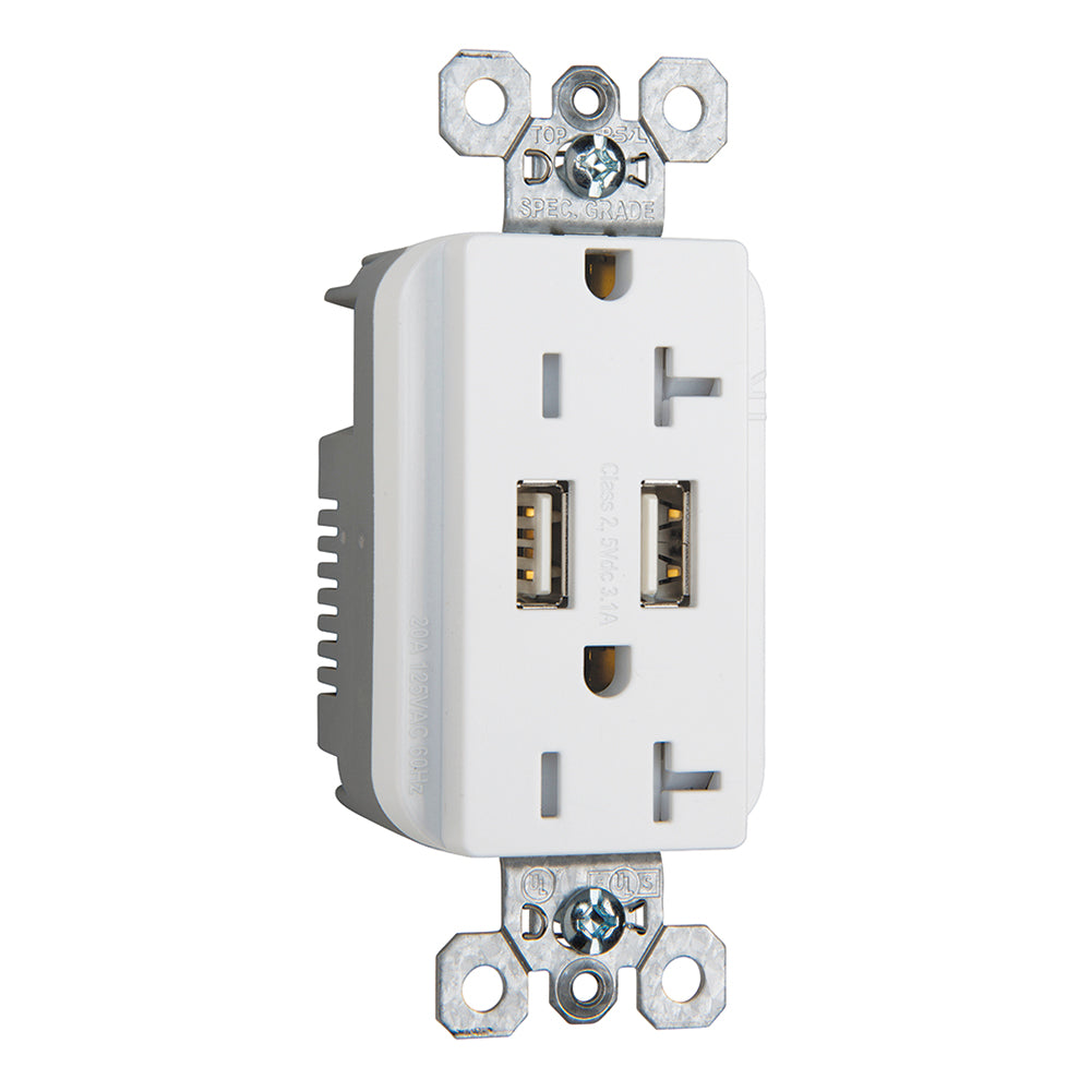 Pass & Seymour TR5362USBW 20 Amp 125 Volt White Straight Blade Receptacle with USB Charger