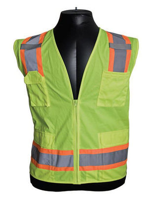 PIP 302-0500-ORG/L Class 2 Orange Surveyor Vest with Zipper Closure Solid Front Mesh Back 6-Pocket 2-Tone Tape Mic Tabs