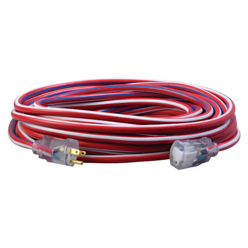 Southwire 2548SWUSA1 12-3 50' SJTW Extension Cord, Red, White & Blue, w/ Lighted Ends. Outdoor Rated - Made in USA