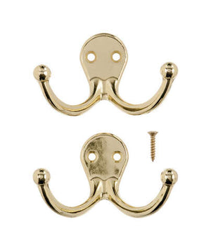 Ace 1-3/4 in. L Bright Brass Bright Brass Brass Small Double Garment Hook 2 pk