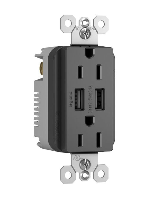 Pass & Seymour TM826USBBK Radiant 15A Tamper-Resistant Duplex Receptacle / (2) USB Outlets, Black