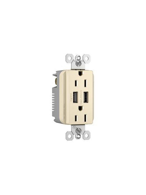 Pass & Seymour TM826USBLA Radiant 15A Tamper-Resistant Duplex Receptacle / (2) USB Outlets, Light Almond