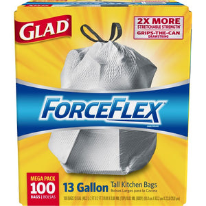 Clorox CLO70427 Glad ForceFlex Tall Kitchen Drawstring Trash Bag, 13 gal Capacity, 25.13 in LG x 24 in WD x 90 mil THk, Plastic, White