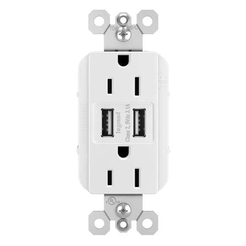 Pass & Seymour TM826USBW Radiant 15A Tamper-Resistant Duplex Receptacle / (2) USB Outlets, White