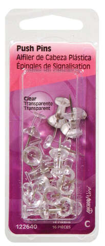 Hillman Clear Push Pins 16 pk